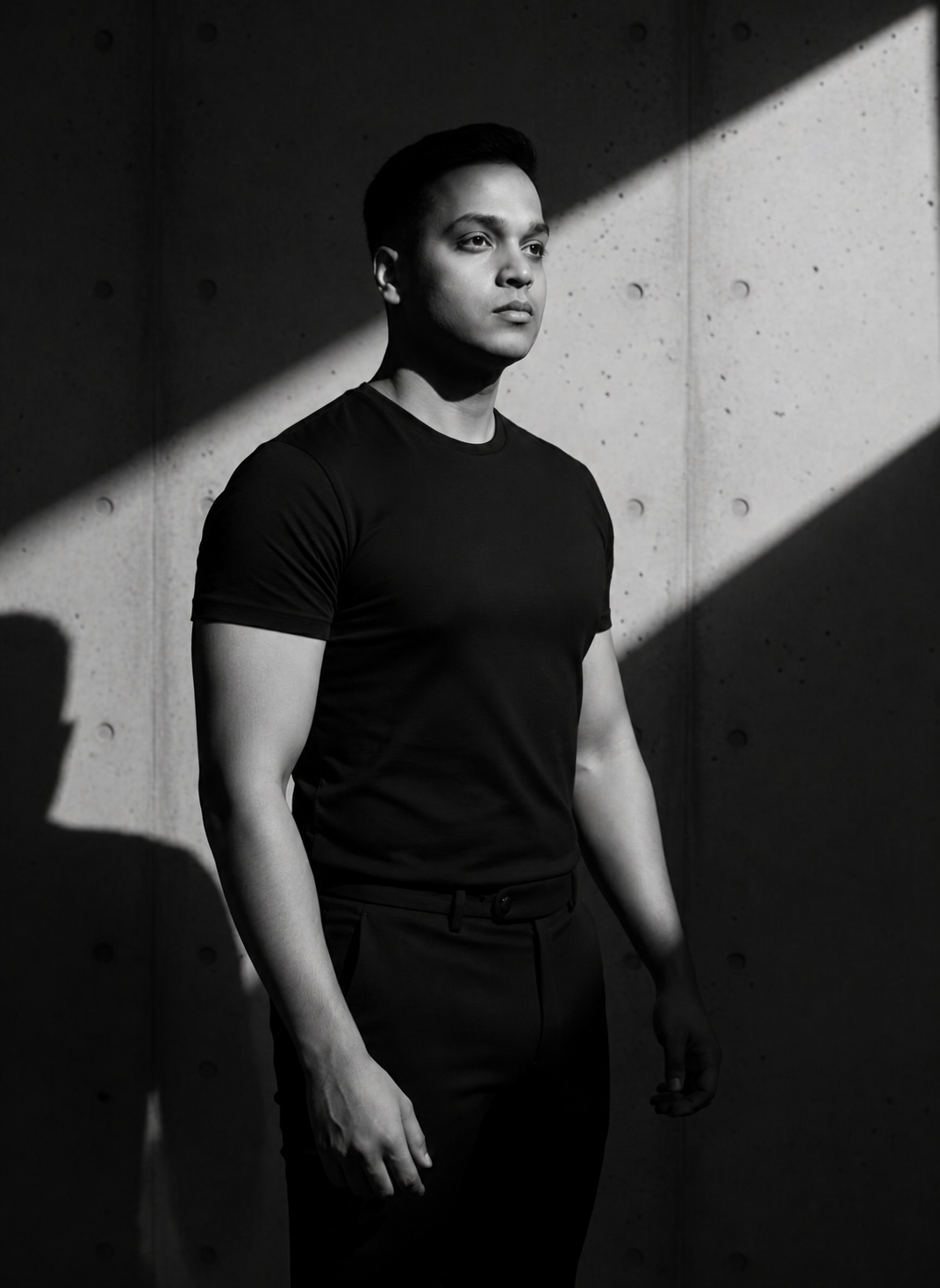 Ajay Shenoy in a shaft of light
